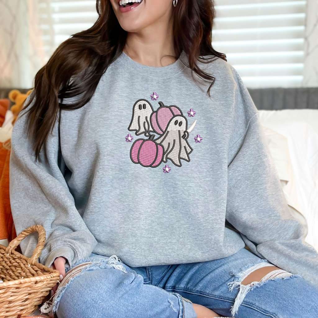 Sheet Ghost Pink Pumpkins Embroidered Sweatshirt | Halloween Ghost Sweatshirt