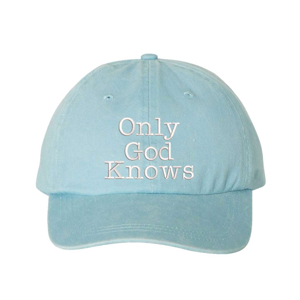 Washed sky blue baseball hat embroidered with only god knows - DSY Lifestyle