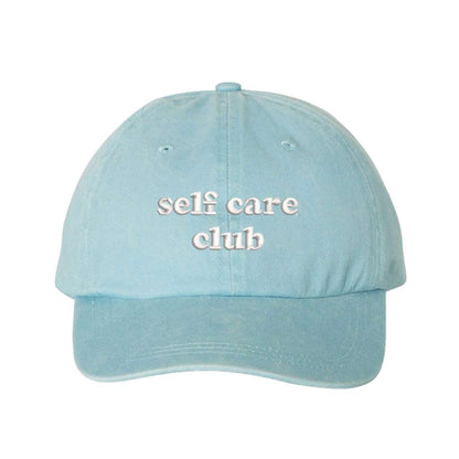 sky blue washed baseball hat with self care embroidered - DSY Lifestyle