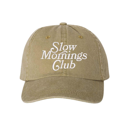 Khaki Slow Mornings Club washed cotton baseball hat with a soft, lived-in finish and premium high-density embroidery by DSY Lifestyle. - DSY Lifestyle