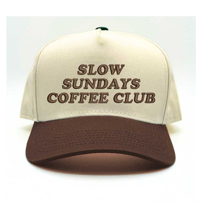 Natural Brown Slow Sunday Coffee Club Two-Tone 5-Panel Embroidered Baseball Hat with stylish stitching, a structured fit, and an adjustable hook-and-loop closure—DSY Lifestyle