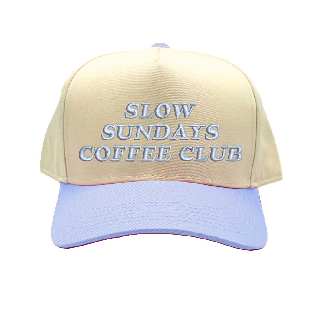 Natural Sky Blue Slow Sundays Coffee Club Two-Tone Spring 5-Panel Embroidered Baseball Hat with premium stitching, a relaxed two-tone design, and an adjustable hook-and-loop closure—DSY Lifestyle