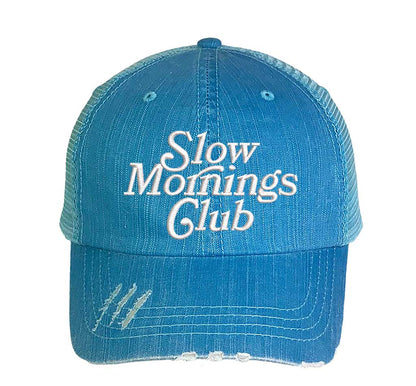 Aqua Slow Morning Club embroidered statement trucker hat mesh snapback casual streetwear hat