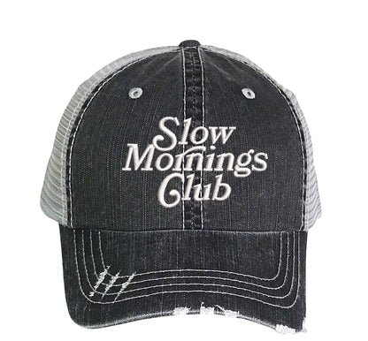 Black Slow Morning Club embroidered trucker hat breathable mesh baseball cap streetwear style DSY Lifestyle
