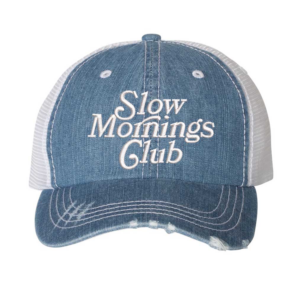 Denim Slow Morning Club embroidered trucker hat breathable mesh baseball cap streetwear style - DSY Lifestyle