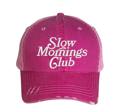 Pink Distressed Trucker cap embroidered with Slow Mornings Club DSY Lifestyle