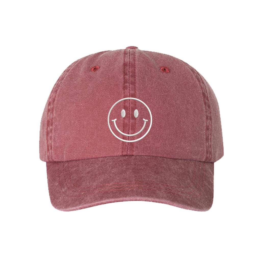 Red washed baseball hat embroidered with a Smile Face - DSY Lifestyle