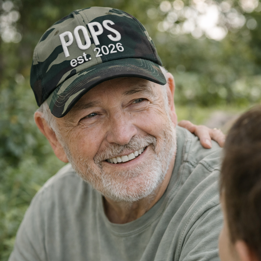 Handsome man wearing a Camo Pops Est. 2026 Baseball Hat featuring clean white embroidery on a classic dad cap; a thoughtful 2026 baby announcement gift for new grandfathers by DSY Lifestyle.