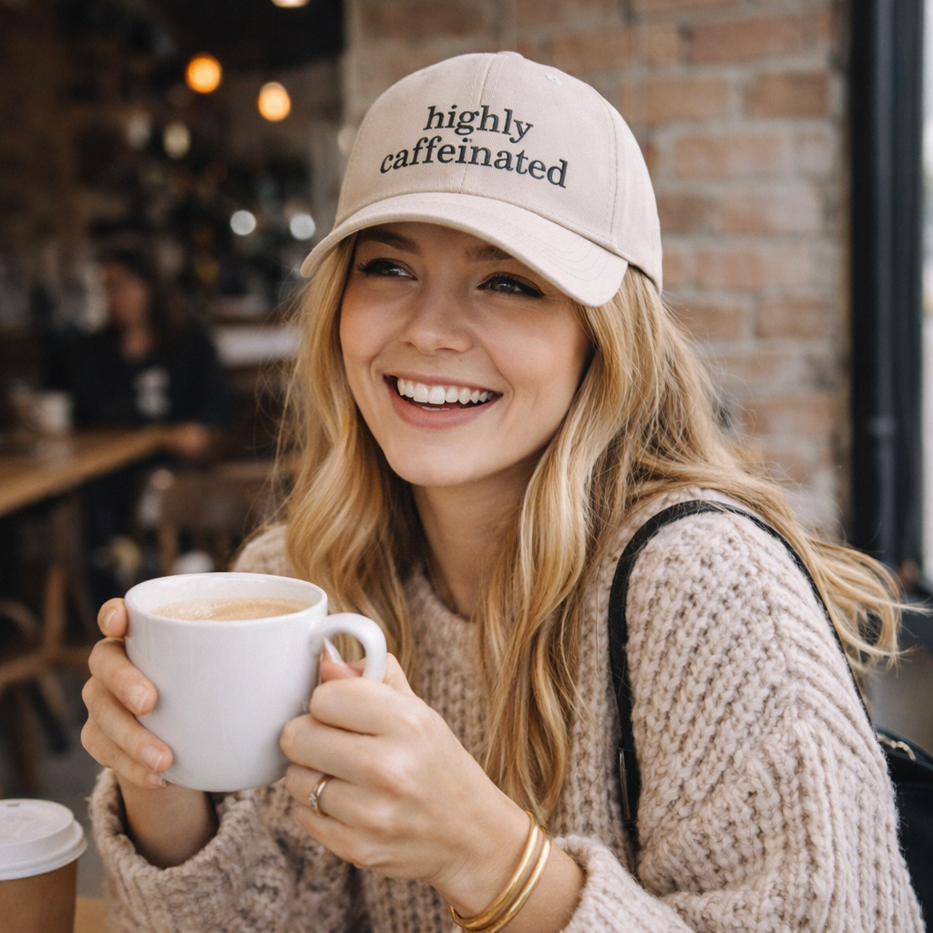 Smiling woman wearing a Stone cotton baseball hat featuring the phrase Highly Caffeinated in bold, crisp black embroidery. - DSY Lifestyle