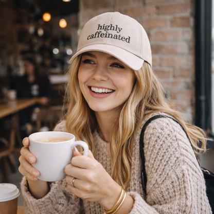 Smiling woman wearing a Stone cotton baseball hat featuring the phrase Highly Caffeinated in bold, crisp black embroidery. - DSY Lifestyle