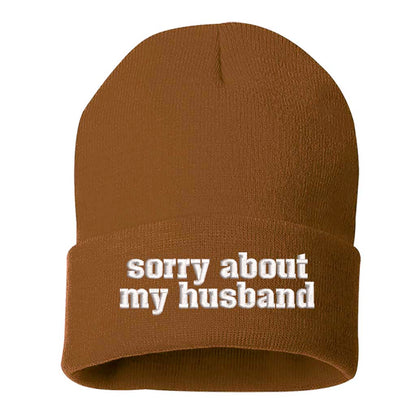 Camel beanie embroidered with the phrase sorry about my husband-DSY Lifestyle