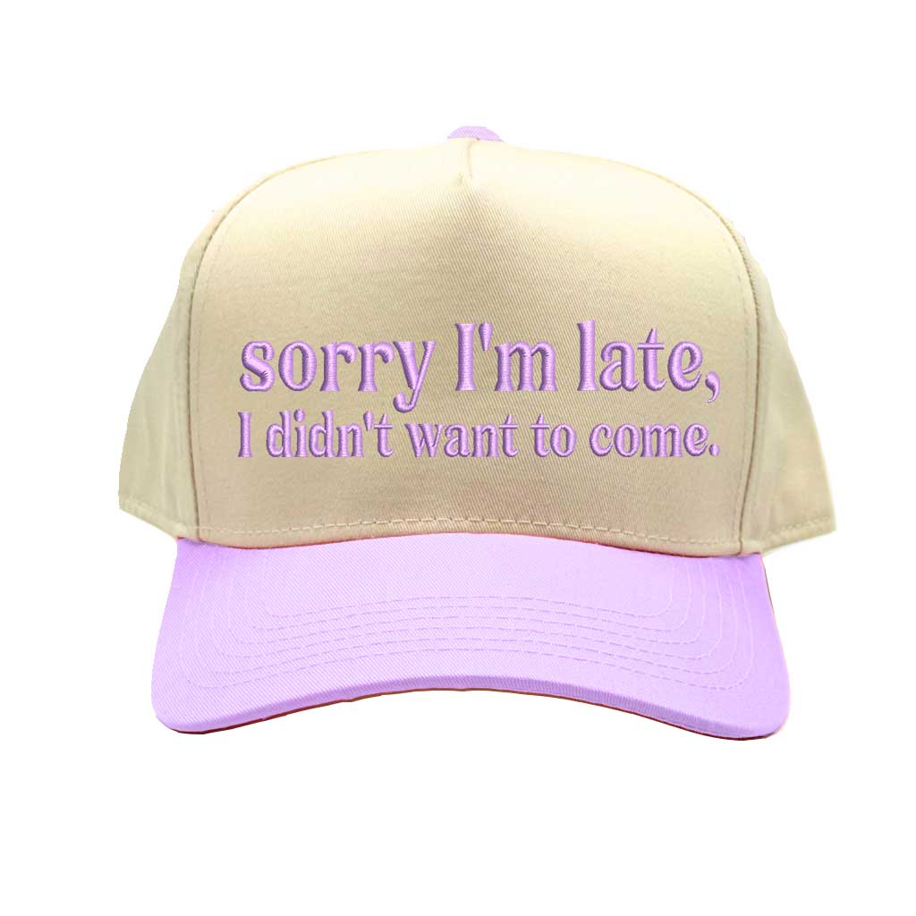 Natural Lavender &quot;Sorry I’m Late, I Didn’t Want to Come&quot; Spring 5-Panel Embroidered Baseball Hat – A lightweight, stylish cap with bold embroidery, perfect for sarcastic introverts – DSY Lifestyle