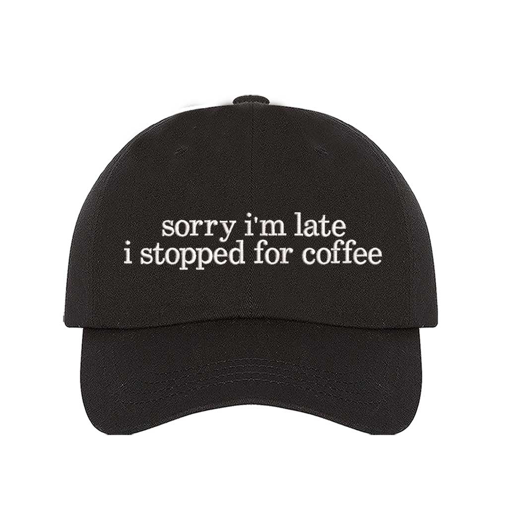 Black DSY Lifestyle cotton baseball hat featuring the phrase Sorry I&