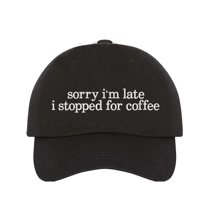Black DSY Lifestyle cotton baseball hat featuring the phrase Sorry I&
