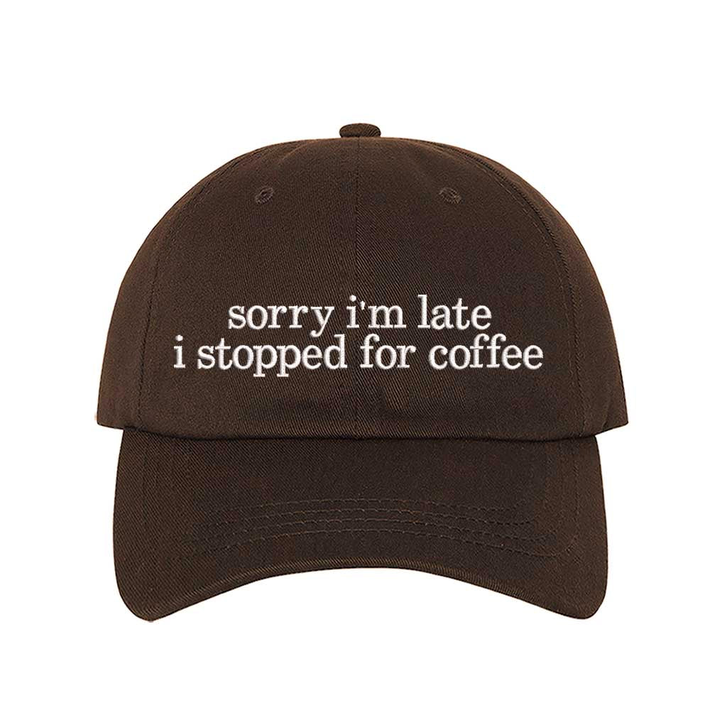 Brown DSY Lifestyle cotton baseball hat featuring the phrase Sorry I&