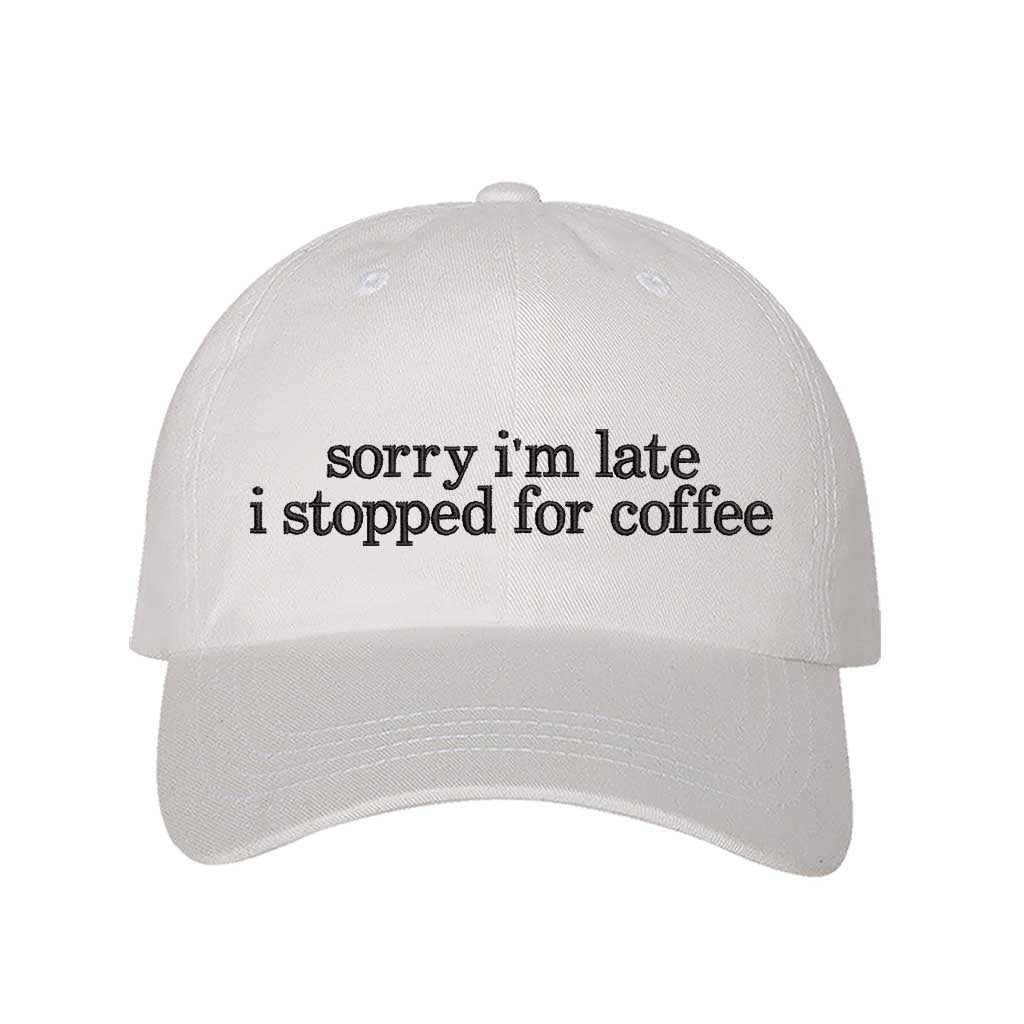 White DSY Lifestyle cotton baseball hat featuring the phrase Sorry I&