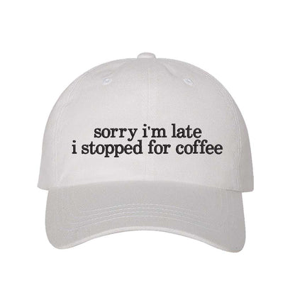 White DSY Lifestyle cotton baseball hat featuring the phrase Sorry I&