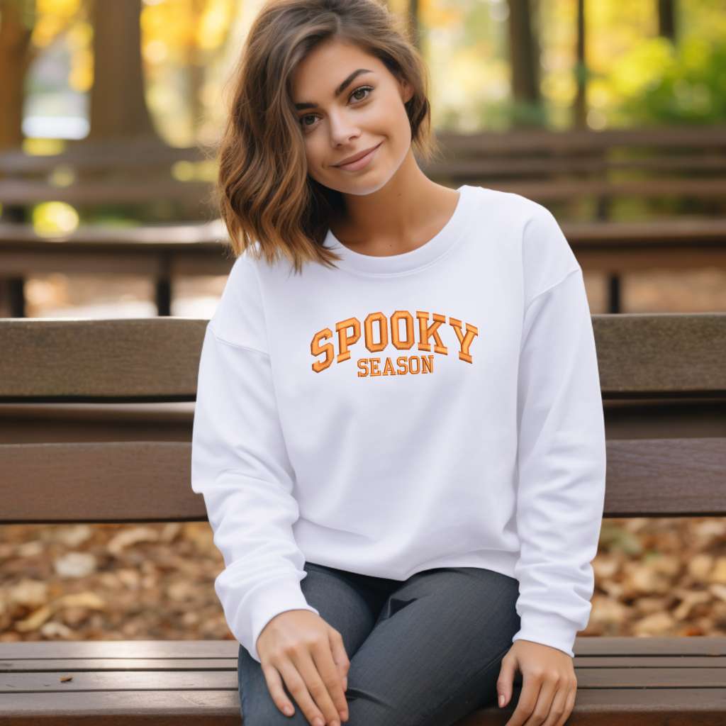 White Sweatshirt embroidered with spooky season in orange thread - DSY Lifestyle