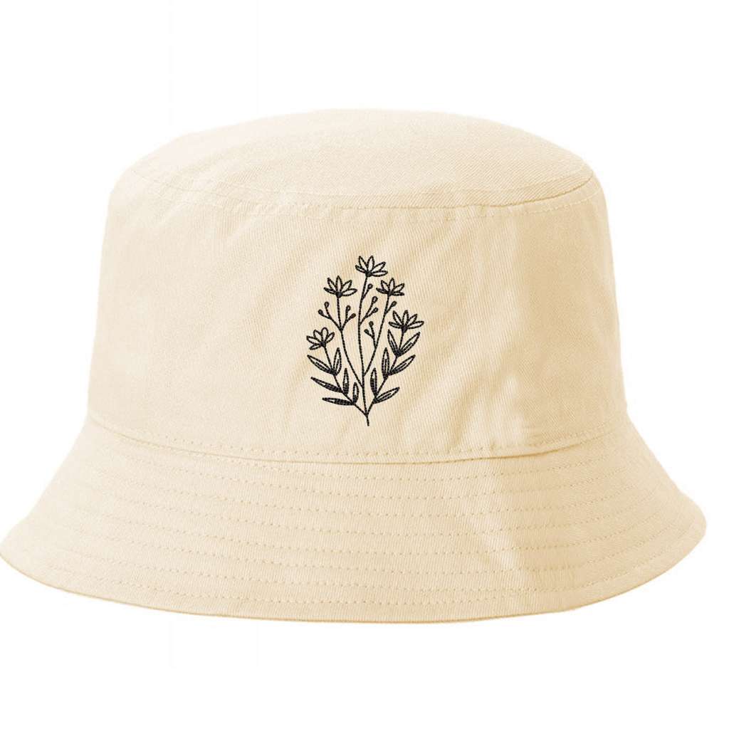 Stone bucket hat with a wildflower embroidered on it- DSY Lifestyle