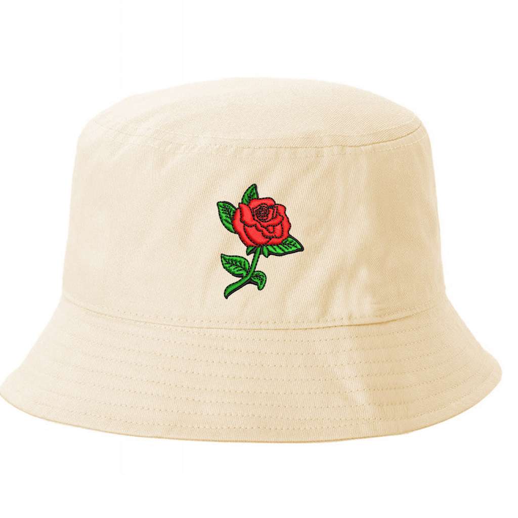 Stone bucket hat embroidered with a rose stem on it-DSY Lifestyle