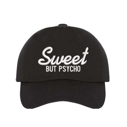 Black Close-up of a DSY Lifestyle baseball hat with "Sweet But Psycho" embroidered in a clean, modern font; a funny statement gift for her.