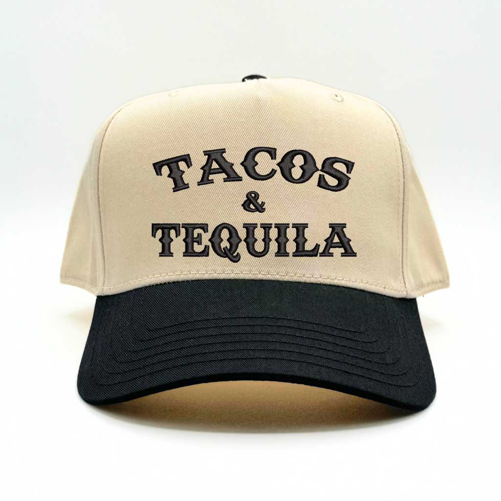 Natural color 5 panel baseball hat with Black colored bill with the phrase tacos $ tequila in Black embroidery-DSY Lifestyle