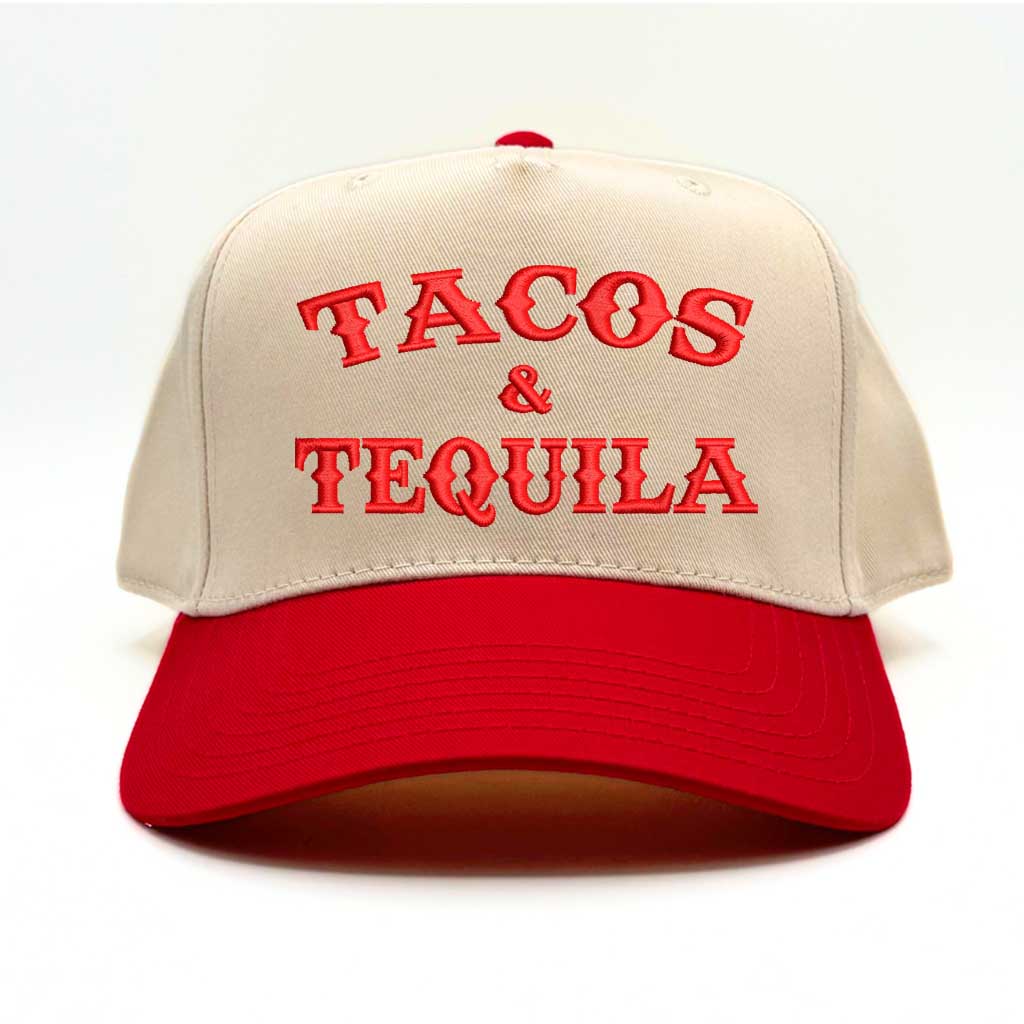 Natural color 5 panel baseball hat with red colored bill with the phrase tacos $ tequila in red embroidery-DSY Lifestyle