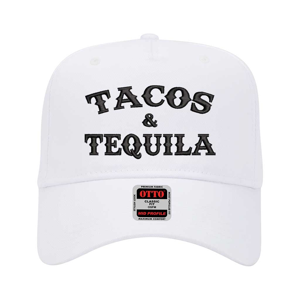 White solid 5 panel baseball hat embroidered with the phrase tacos &amp; tequila-DSY Lifestyle