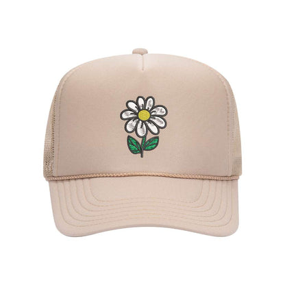 Tan foam trucker hat embroidered with a daisy stem flower- DSY Lifestyle