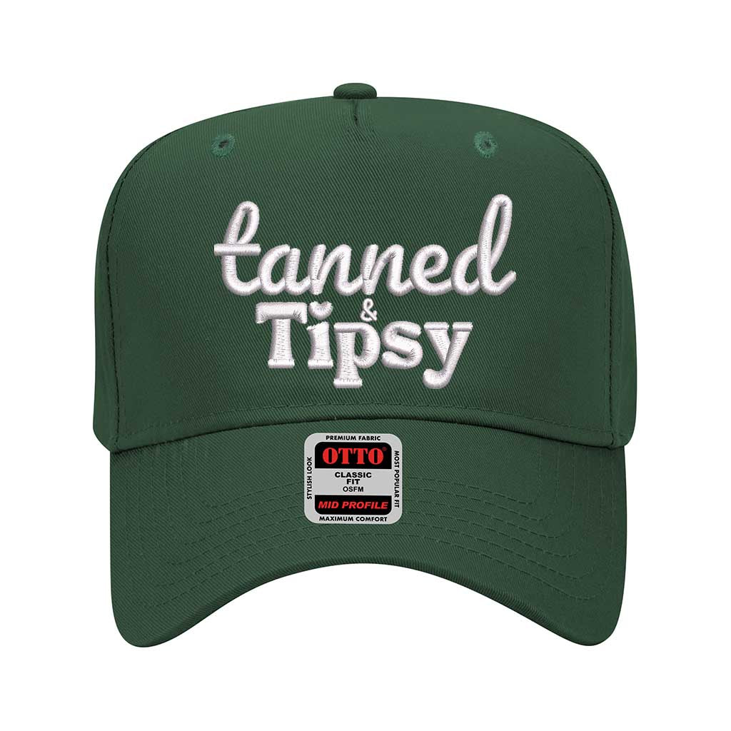 Solid Forest Green Tanned and Tipsy 5-panel baseball cap with embroidered lettering, curved brim, and adjustable strap—ideal for summer vacations and parties. - DSY Lifestyle.