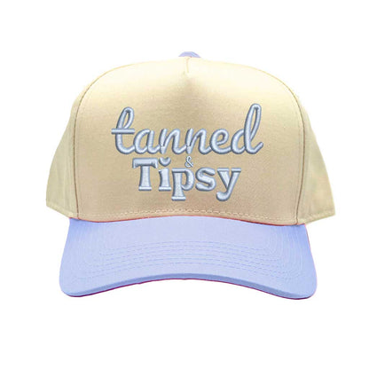 Natural Sky Blue Tanned and Tipsy two-tone 5-panel baseball cap with embroidered lettering, curved brim, and adjustable strap—ideal for summer vacations and parties. - DSY Lifestyle.