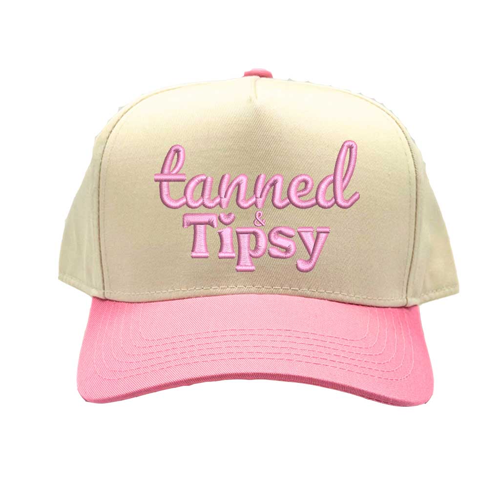 Natural Light Pink Tanned and Tipsy two-tone 5-panel baseball cap with embroidered lettering, curved brim, and adjustable strap—ideal for summer vacations and parties. - DSY Lifestyle.