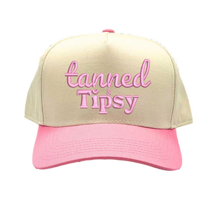 Natural Light Pink Tanned and Tipsy two-tone 5-panel baseball cap with embroidered lettering, curved brim, and adjustable strap—ideal for summer vacations and parties. - DSY Lifestyle.