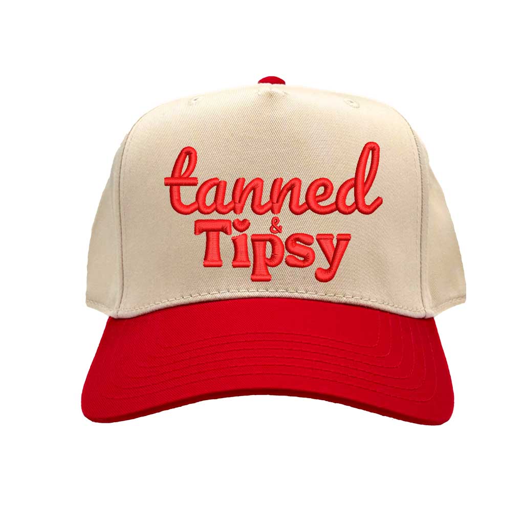 Natural Red Tanned and Tipsy two-tone 5-panel baseball cap with embroidered lettering, curved brim, and adjustable strap—ideal for summer vacations and parties. - DSY Lifestyle.