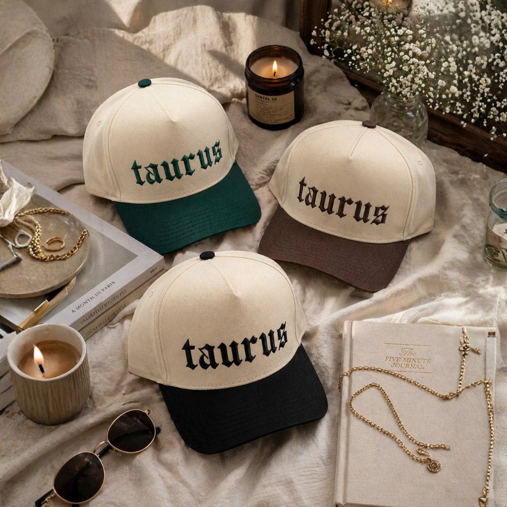Flat lay of Natural Black, Natural Forest Green, and Natural Brown Taurus zodiac embroidered baseball hats for women. Two tone statement caps for effortless outfits and everyday street style. - DSY Lifestyle.