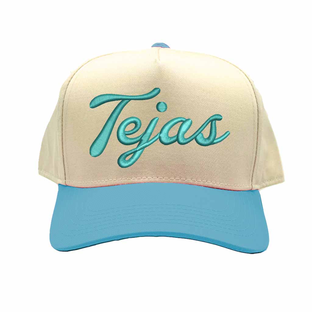Natural Aqua Tejas 3D puff embroidered 5-panel baseball hat with two-tone design and adjustable snapback closure – DSY Lifestyle