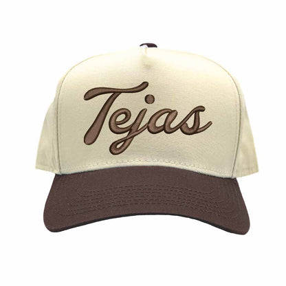 Natural Brown Tejas 3D puff embroidered 5-panel baseball hat with two-tone design and adjustable snapback closure – DSY Lifestyle