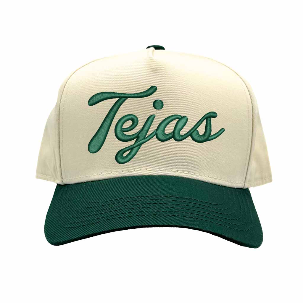 Natural Forest Green Tejas 3D puff embroidered 5-panel baseball hat with two-tone design and adjustable snapback closure – DSY Lifestyle