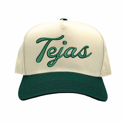 Natural Forest Green Tejas 3D puff embroidered 5-panel baseball hat with two-tone design and adjustable snapback closure – DSY Lifestyle