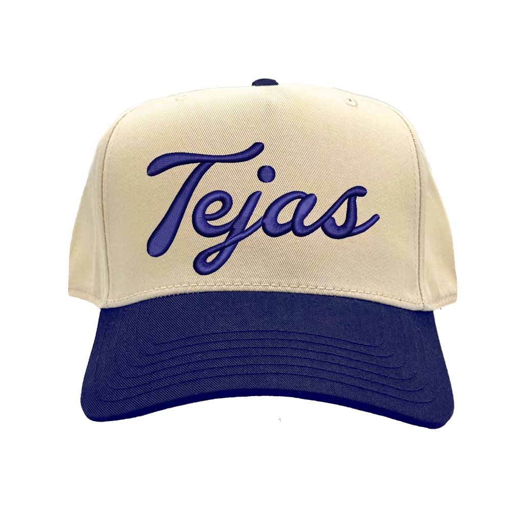 Natural Navy Blue Tejas 3D puff embroidered 5-panel baseball hat with two-tone design and adjustable snapback closure – DSY Lifestyle