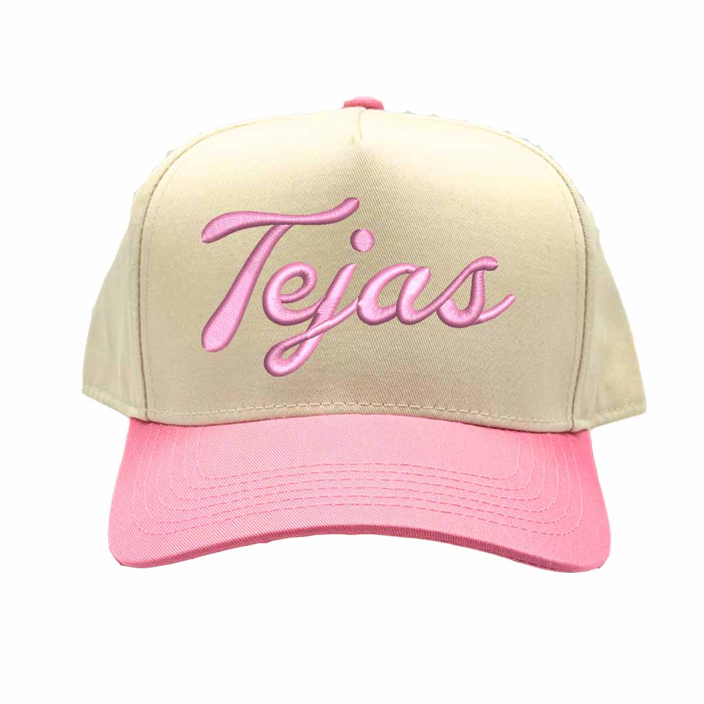Natural Light Pink Tejas 3D puff embroidered 5-panel baseball hat with two-tone design and adjustable snapback closure – DSY Lifestyle