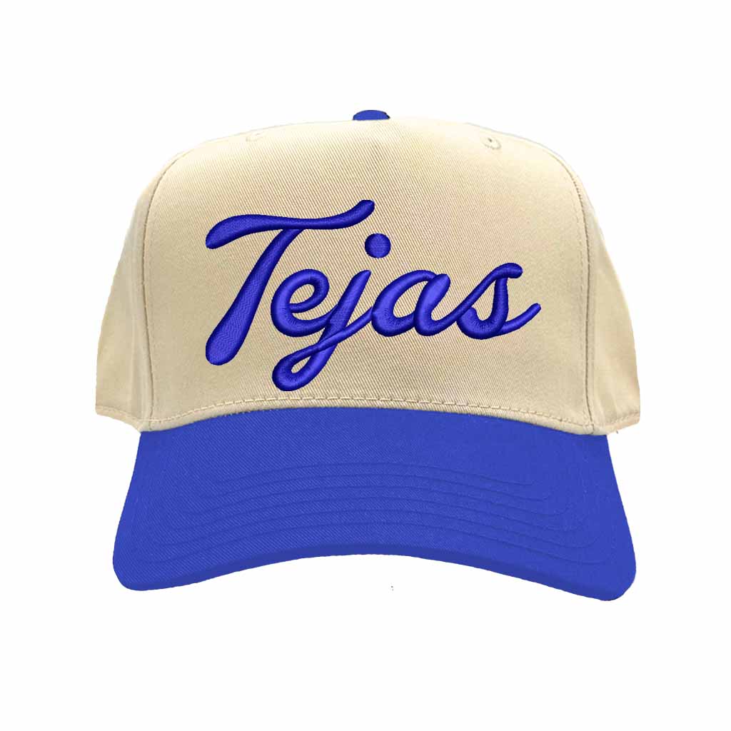 Natural Royal Blue Tejas 3D puff embroidered 5-panel baseball hat with two-tone design and adjustable snapback closure – DSY Lifestyle