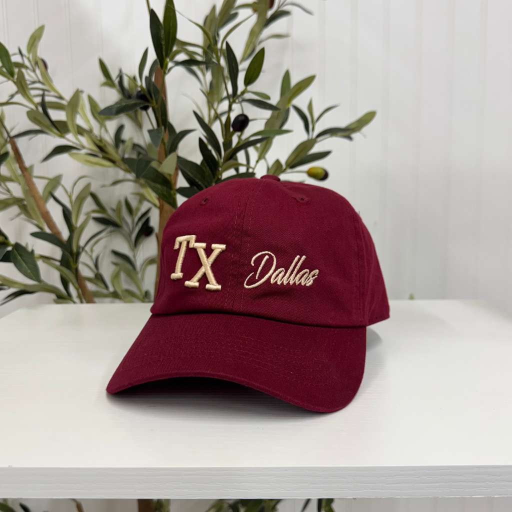 Burgundy with gold thread TX 3D Dallas embroidered baseball cap with bold lettering, a curved brim, and adjustable fit. A stylish and versatile hat for everyday wear - DSY Lifestyle




