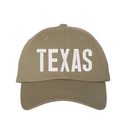 Khaki Texas chainstitched embroidered baseball hat with Texas map design. A statement baseball hat for women who love Texas pride, street style, and effortless outfits. - DSY Lifestyle