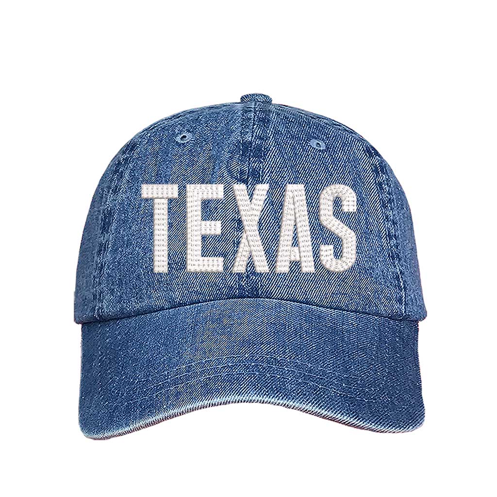 Light Denim Texas chainstitched embroidered baseball hat with Texas map design. A statement baseball hat for women who love Texas pride, street style, and effortless outfits. - DSY Lifestyle