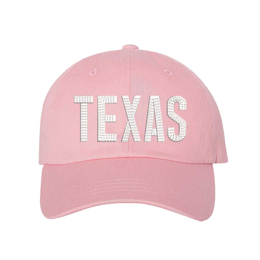 Light Pink Texas chainstitched embroidered baseball hat with Texas map design. A statement baseball hat for women who love Texas pride, street style, and effortless outfits. - DSY Lifestyle