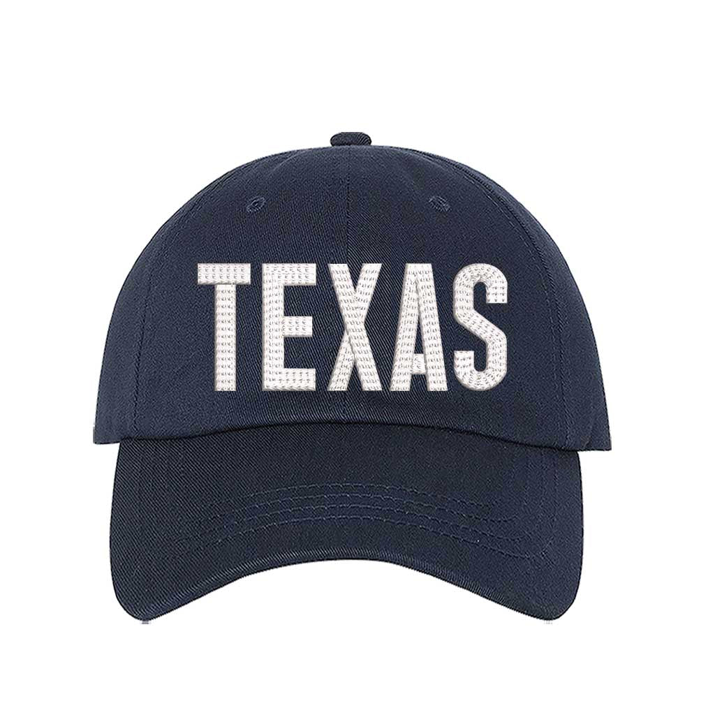 Navy Blue Texas chainstitched embroidered baseball hat with Texas map design. A statement baseball hat for women who love Texas pride, street style, and effortless outfits. - DSY Lifestyle