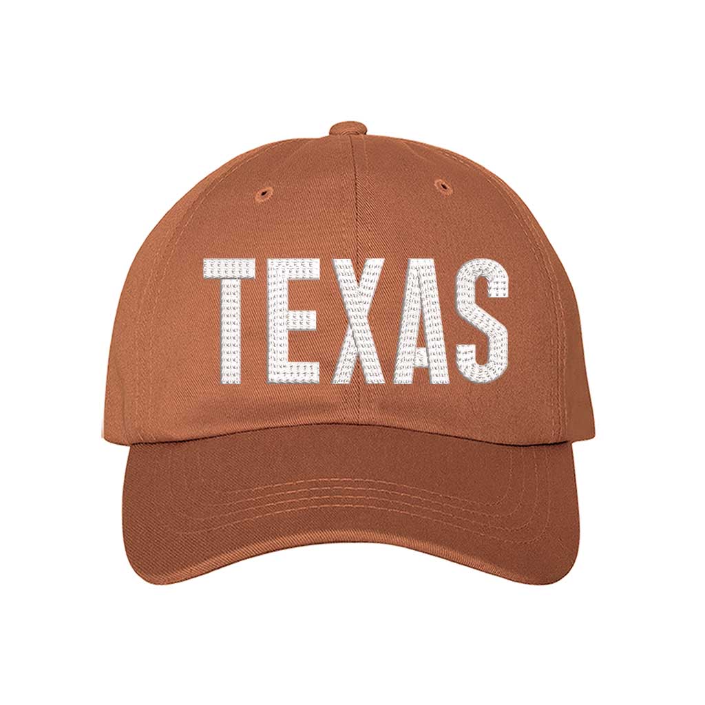 Texas Orange Texas chainstitched embroidered baseball hat with Texas map design. A statement baseball hat for women who love Texas pride, street style, and effortless outfits. - DSY Lifestyle