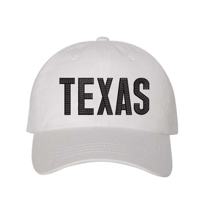 White with black thread Texas chainstitched embroidered baseball hat with Texas map design. A statement baseball hat for women who love Texas pride, street style, and effortless outfits. - DSY Lifestyle