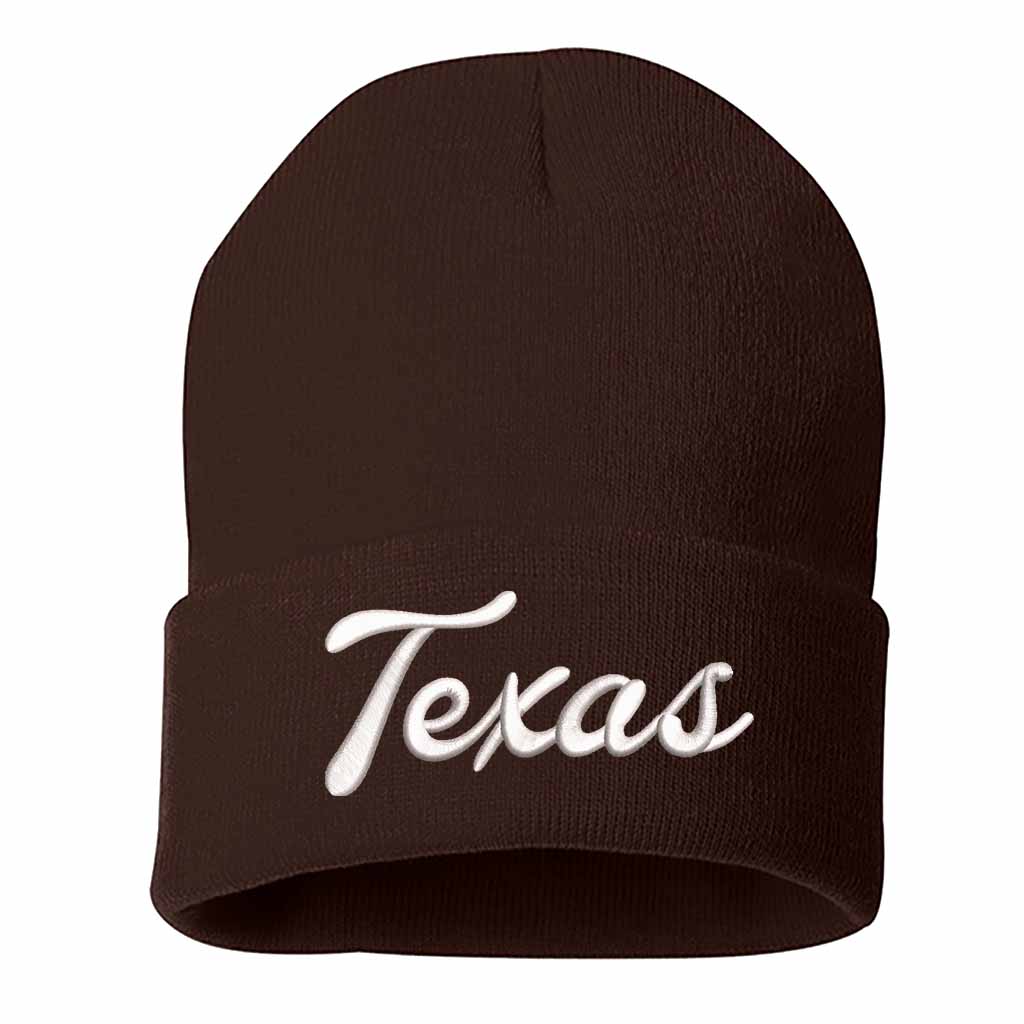 Brown Texas Western embroidered beanie featuring soft knit material and bold Western text design – DSY Lifestyle